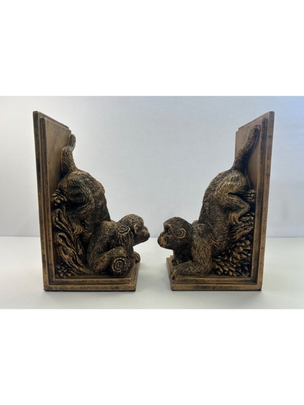 Pair Monkey Bookends Antique-Style Bronze Resin Hollywood Regency Library Jungle - Picture 3 of 8